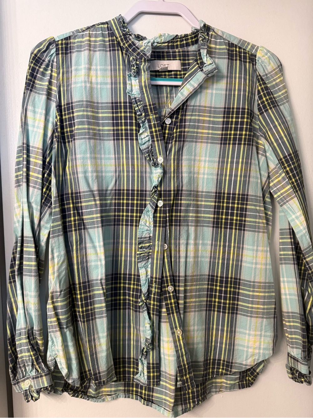 LOFT Mint Green Plaid Ruffle-Trim Long Sleeve Shirt
